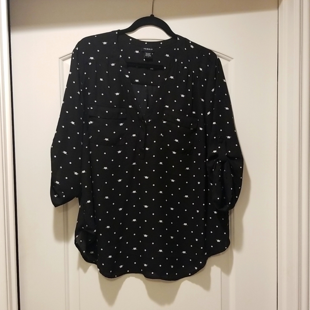 Black Challis 3/4 Sleeve Blouse with Cats and Dots